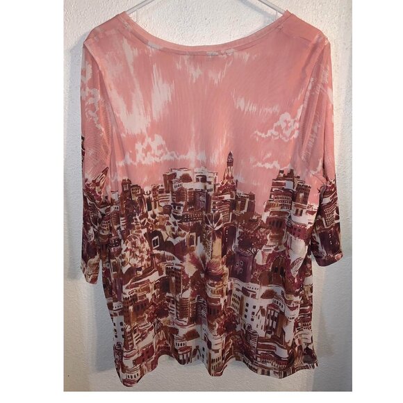 Catherines Top Pink Knit City Skyline All Over Women's Plus Size Blouse (sz 0X) - Picture 2 of 4